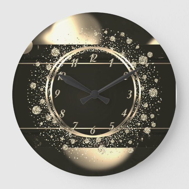 Elegant Trendy Gold Confetti Dotts Black Large Clock (Front)