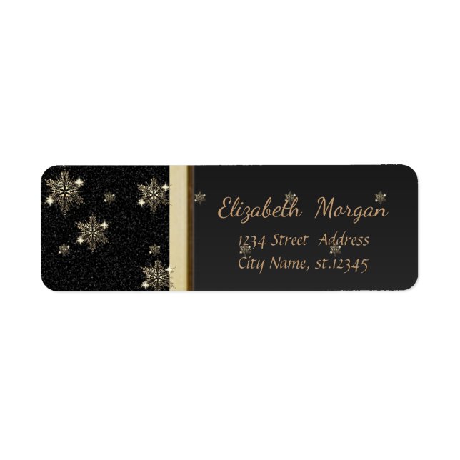 Elegant Trendy Gold Snowflakes ,Black Return Address Label (Front)
