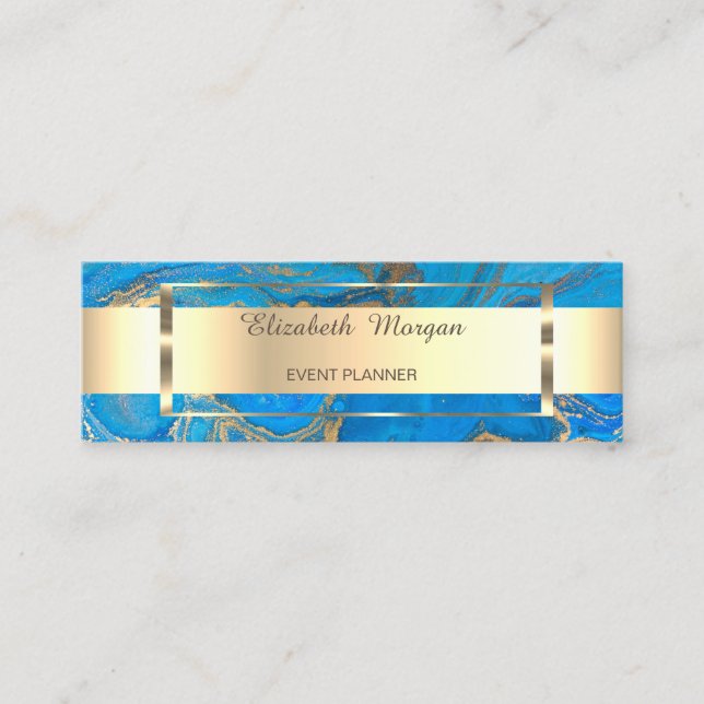 Elegant Trendy Gold Stripe  Frame,Blue Marble Mini Business Card (Front)