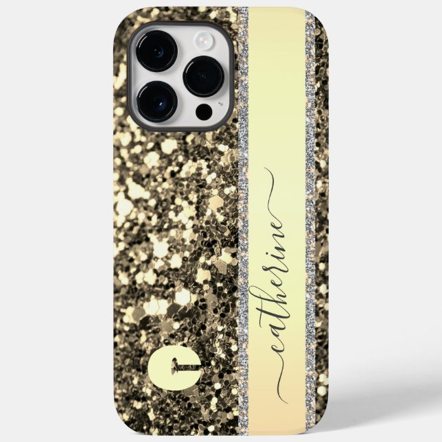 Elegant Trendy Grey Strip Glitter Monogrammed Name Case-Mate iPhone Case (Back)