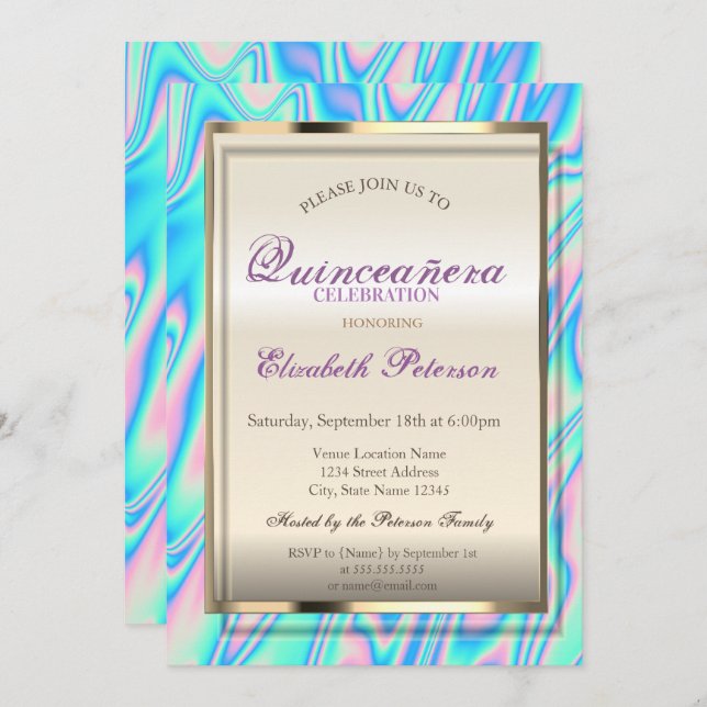 Elegant Trendy Holographic Quinceañera Invitation (Front/Back)