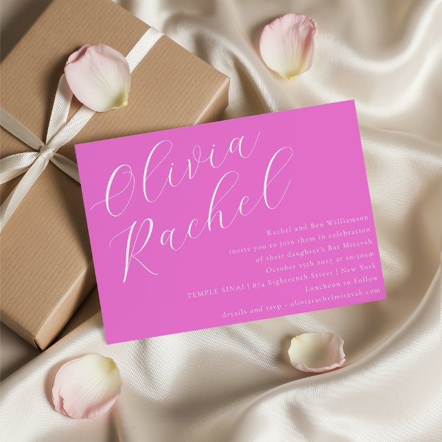 Elegant Trendy Hot Pink Script Minimal Bat Mitzvah Invitation (Creator Uploaded)