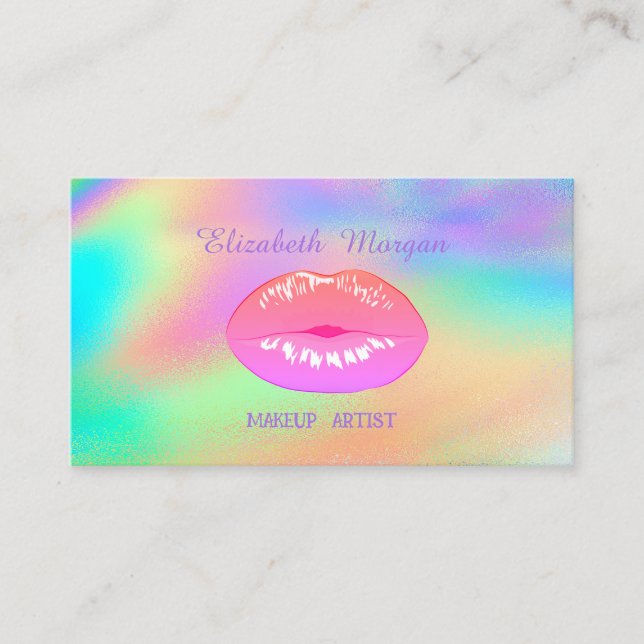Elegant Trendy Lips Rainbow Holographic Business Card (Front)