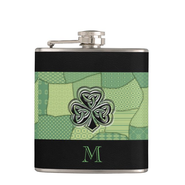Elegant trendy lucky Irish shamrock patchwork Hip Flask (Front)
