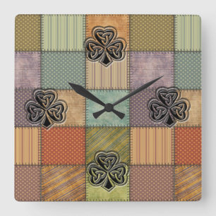 Elegant trendy lucky Irish shamrock patchwork Square Wall Clock
