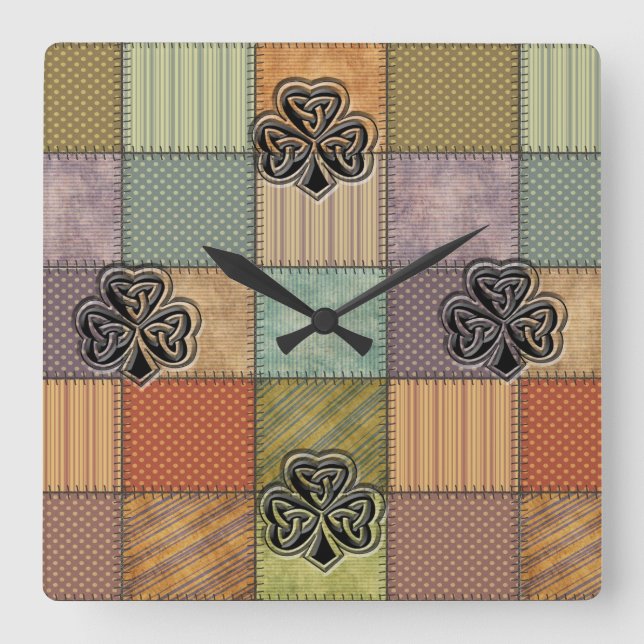 Elegant trendy lucky Irish shamrock patchwork Square Wall Clock (Front)