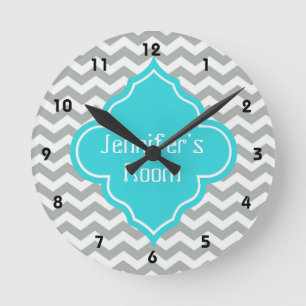 Elegant, trendy, modern grey, aqua blue chevron round clock