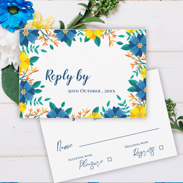 Elegant Trendy Pretty Yellow Blue Floral Wedding  RSVP Card (Elegant Trendy Pretty Yellow Blue Floral Wedding RSVP Card)