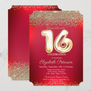 Elegant Trendy Red Gold Confetti Diamond Sweet 16 Invitation