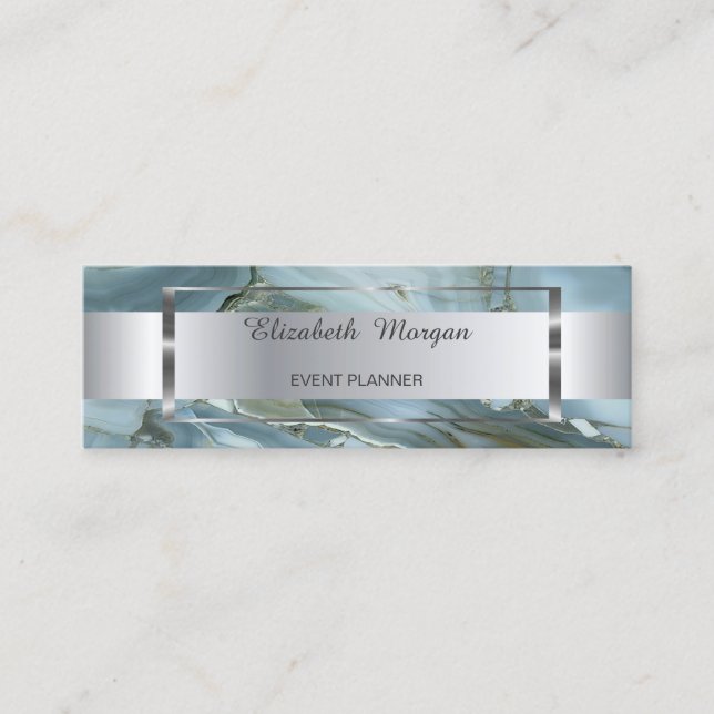 Elegant Trendy Silver Stripe  Frame, Marble Mini Business Card (Front)