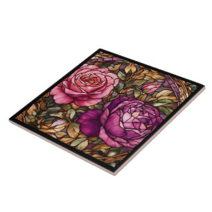 Elegant Trendy Stained Glass Roses Collection Ceramic Tile