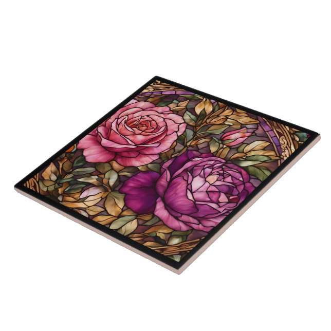 Elegant Trendy Stained Glass Roses Collection Ceramic Tile (Side)