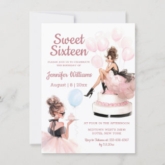 elegant trendy sweet 16 birthday girl pink party  invitation