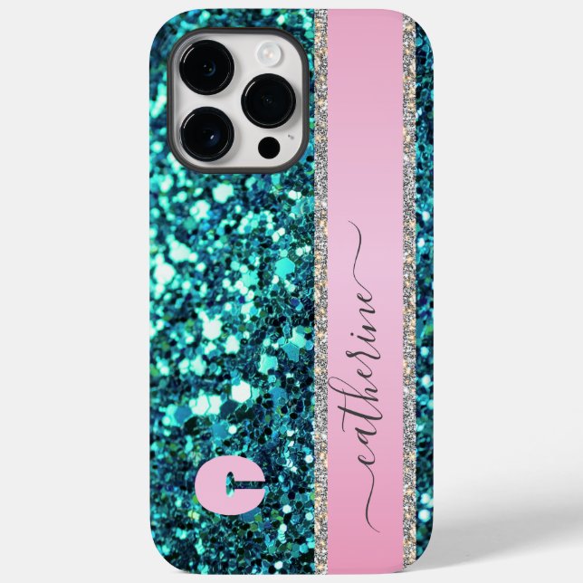 Elegant Trendy Teal Strip Glitter Monogrammed Name Case-Mate iPhone Case (Back)