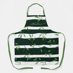 Elegant Trendy Watercolor Leaves + Stripes  Apron