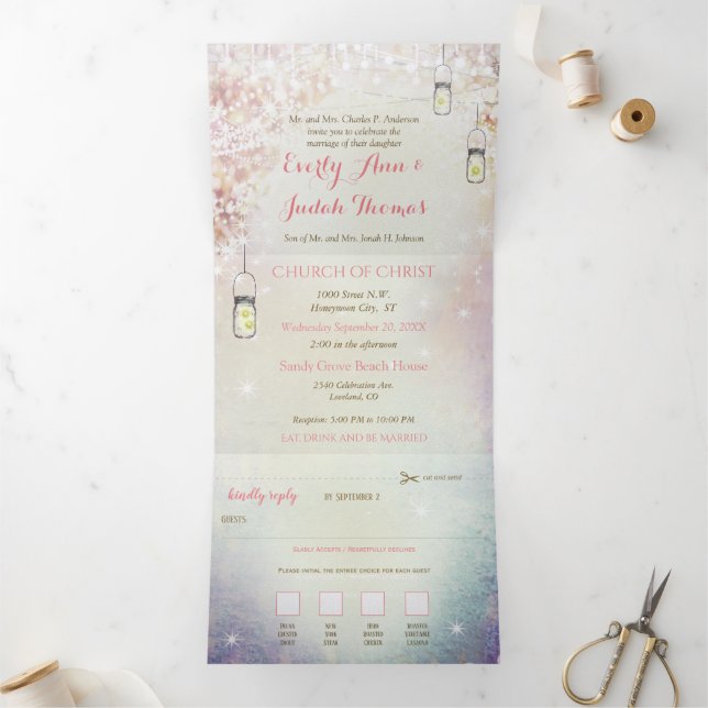 Elegant Tri-Fold Heart Leaf Wedding Includes RSVP (Inside)