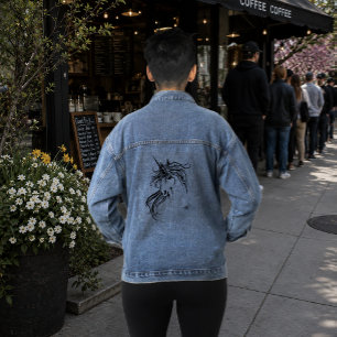 Elegant Tribal Unicorn Black Ink Fantasy Denim Jacket