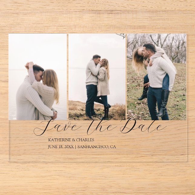 Elegant Trio | Multi Photo Save  the date Acrylic Invitations (Front)