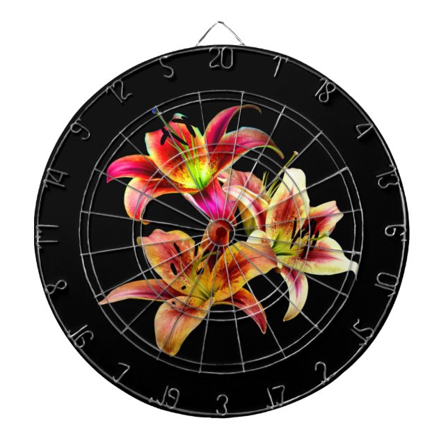 Elegant Trio of Yellow Pink Daylilies Floral Dartboard (Front)