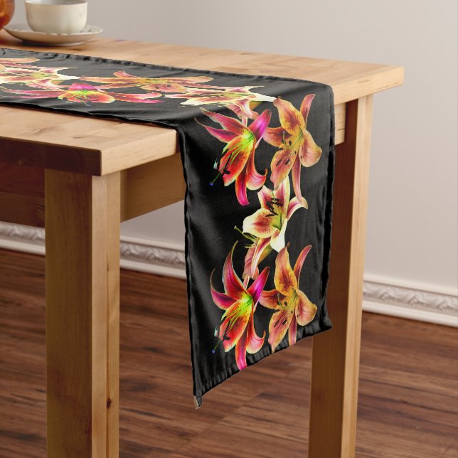 Elegant Trio of Yellow Pink Daylilies Floral Long Table Runner (In Situ)