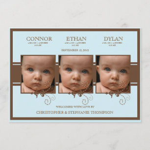 Elegant Triplet Photo Baby Boy Birth Announcement