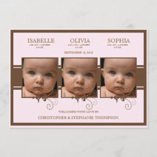Elegant Triplet Photo Baby Girl Birth Announcement