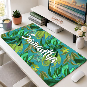 Elegant Tropical Aqua Green Leaves Pattern Monogra Desk Mat
