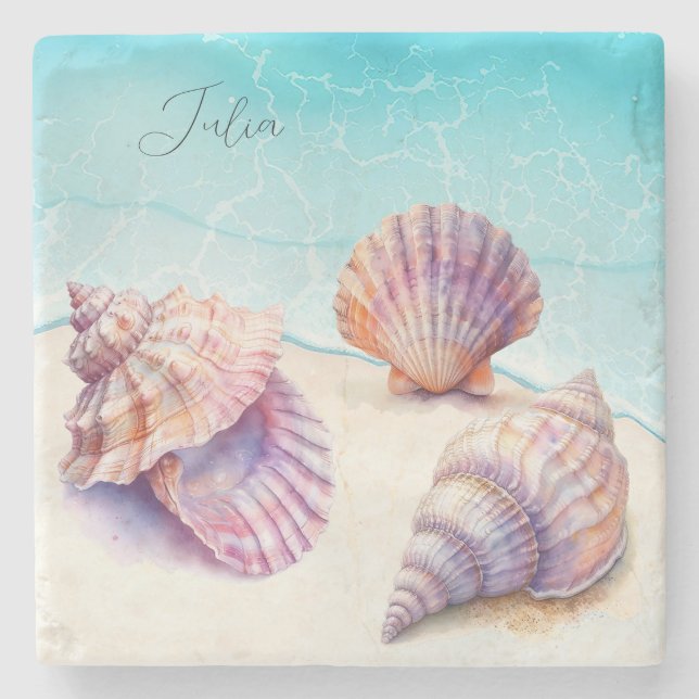 Elegant Tropical Beach Seashells Pearls Nautical Stone Coaster (Front)