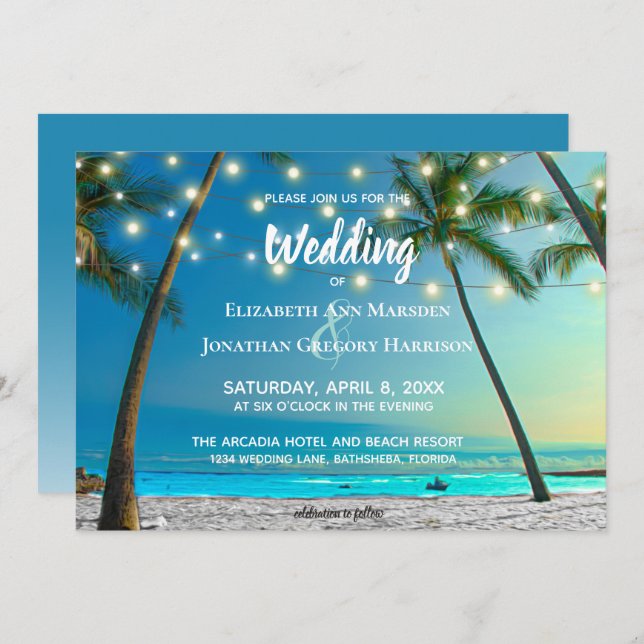 Elegant Tropical Beach String Lights Palms Ombre Invitation (Front/Back)