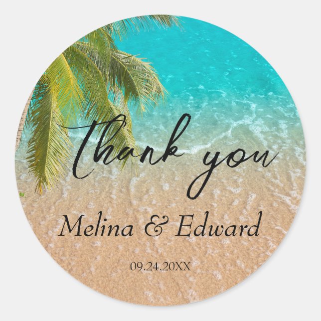 Elegant Tropical Beach Wedding  Classic Round Sticker (Front)