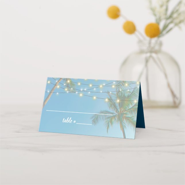 Elegant Tropical Beach Wedding Palm Trees Lights Place Card (Front)