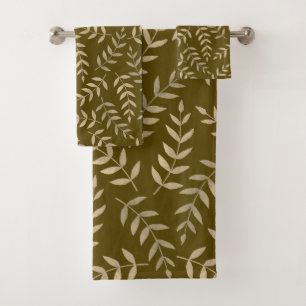 Elegant Tropical Beige Leaves on Brown Bath Towel Set