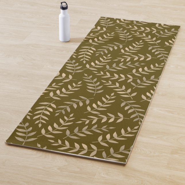 Elegant Tropical Beige Leaves on Brown Yoga Mat (In Situ)