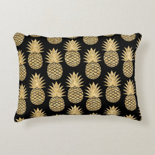 Elegant Tropical Black and Gold Pineapple Pattern Decorative Cushion