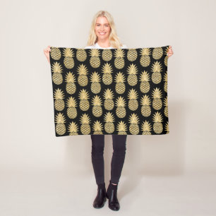 Elegant Tropical Black and Gold Pineapple Pattern Fleece Blanket