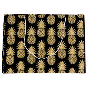 Elegant Tropical Black and Gold Pineapple Pattern Large Gift Bag