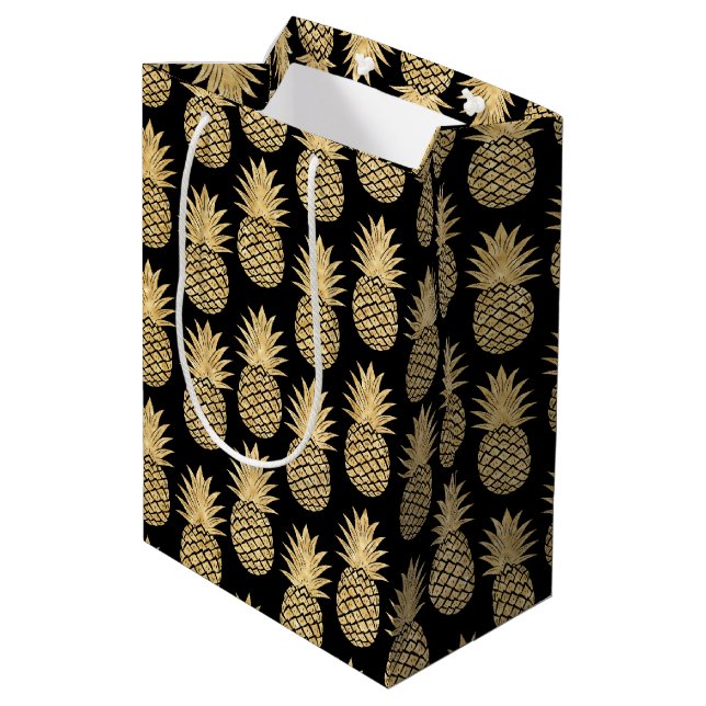 Elegant Tropical Black and Gold Pineapple Pattern Medium Gift Bag (Back Angled)