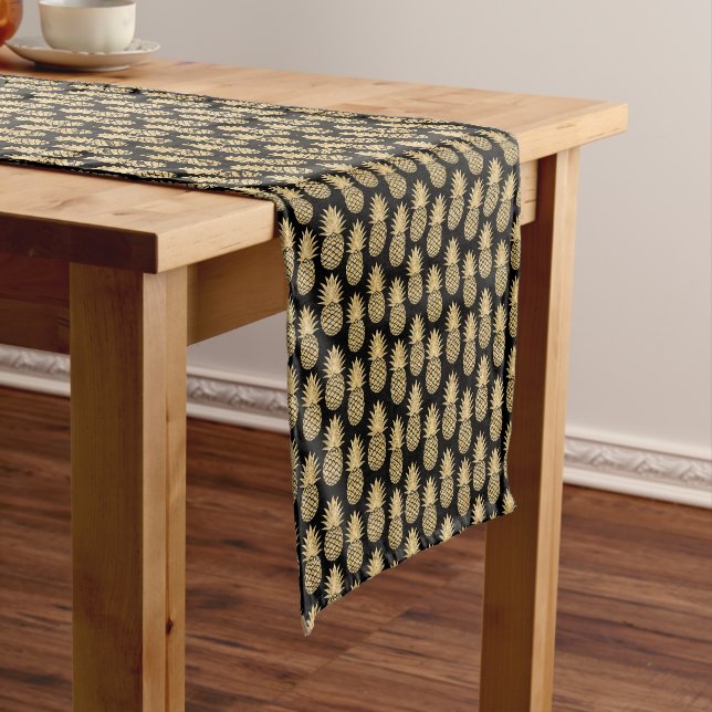 Elegant Tropical Black and Gold Pineapple Pattern Short Table Runner (In Situ)
