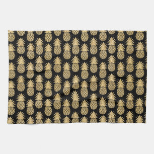 Elegant Tropical Black and Gold Pineapple Pattern Tea Towel
