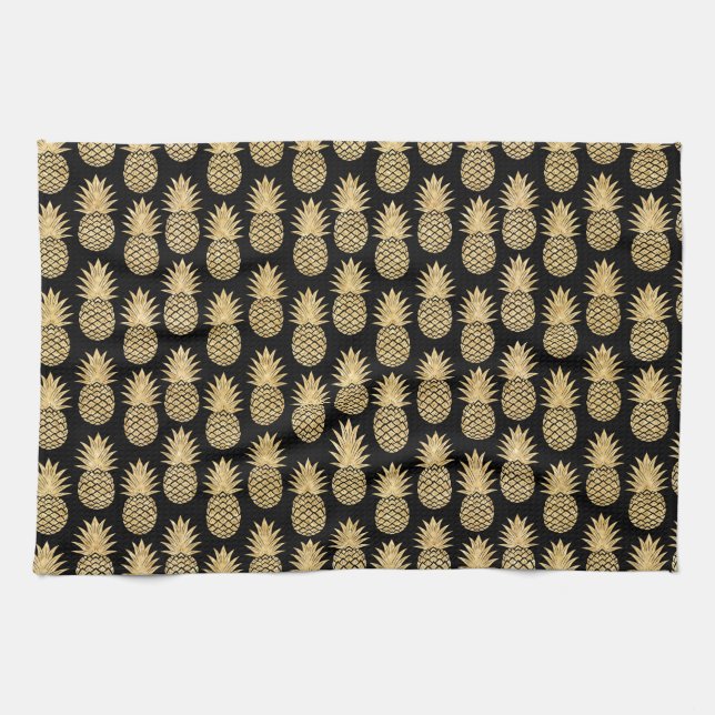 Elegant Tropical Black and Gold Pineapple Pattern Tea Towel (Horizontal)