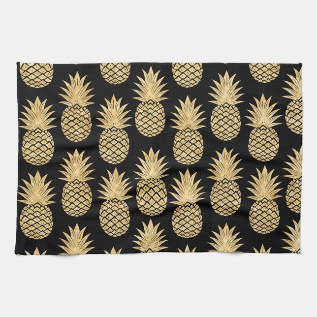 Elegant Tropical Black and Gold Pineapple Pattern Tea Towel (Horizontal)