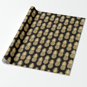 Elegant Tropical Black and Gold Pineapple Pattern Wrapping Paper
