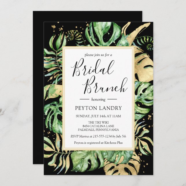 Elegant Tropical Black & Gold Bridal Brunch Shower Invitation (Front/Back)