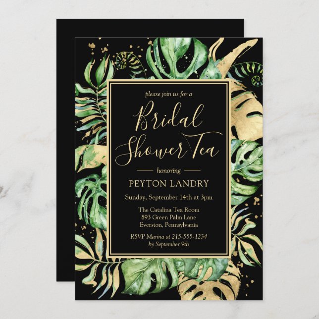 Elegant Tropical Black & Gold Bridal Shower Tea In Invitation (Front/Back)