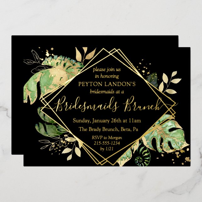 Elegant Tropical Black & Gold Bridesmaids Brunch (Front/Back)