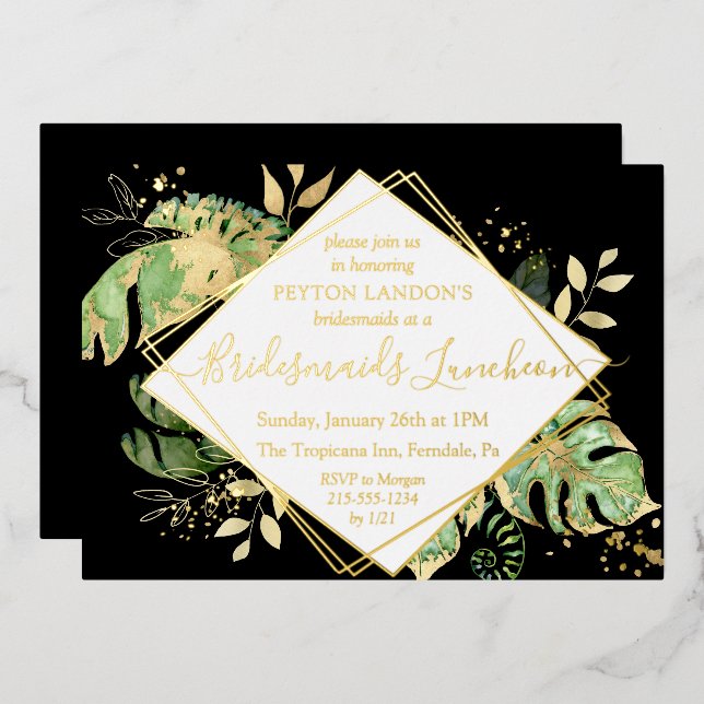 Elegant Tropical Black & Gold Bridesmaids Luncheon (Front/Back)