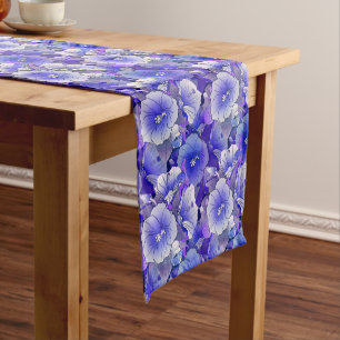 Elegant Tropical Blue And White Hibiscus Flower Short Table Runner