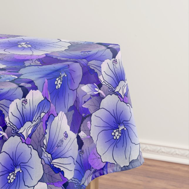 Elegant Tropical Blue And White Hibiscus Flower Tablecloth (In Situ)