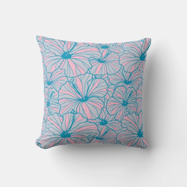 Elegant Tropical Blue Floral Hibiscus Pattern | Cushion (Front)