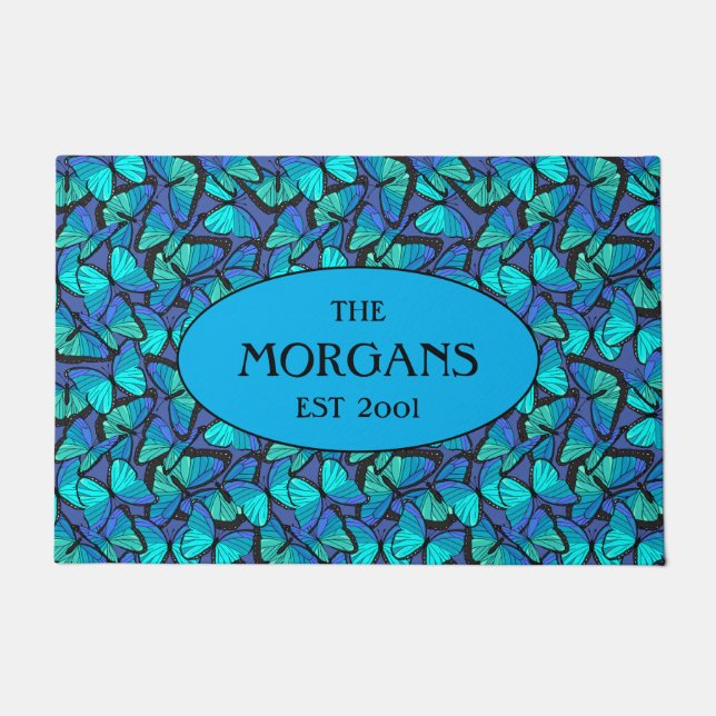 Elegant Tropical Blue Morpho Butterflies Pattern Doormat (Front)